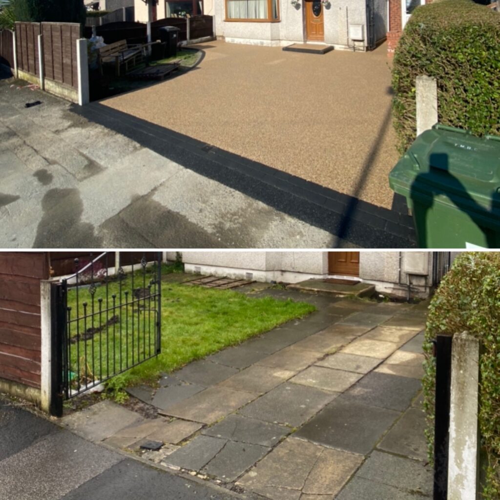 Before and after full excavation and Aurora resin driveway transformation