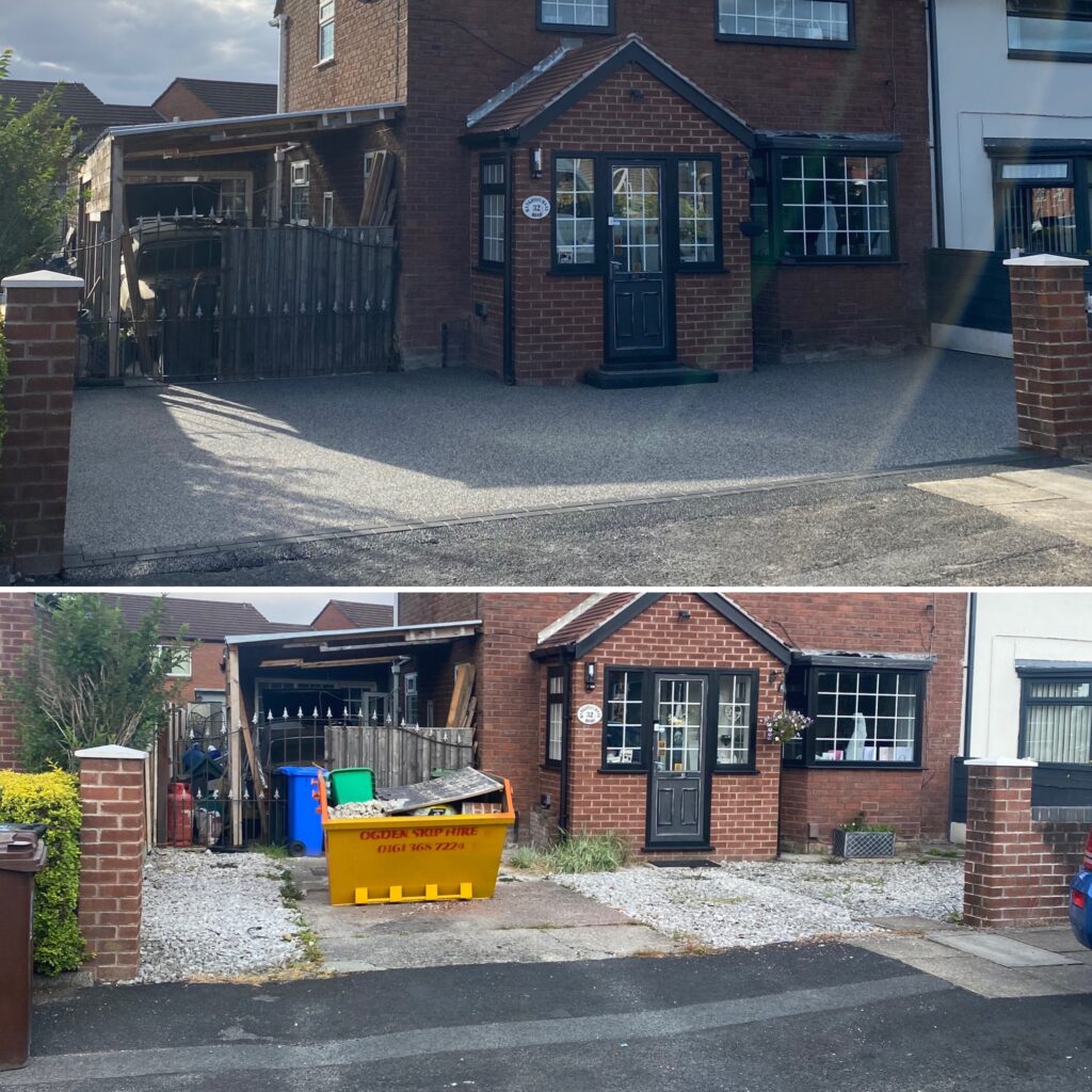 Before and after Harlequin resin driveway installation in Denton