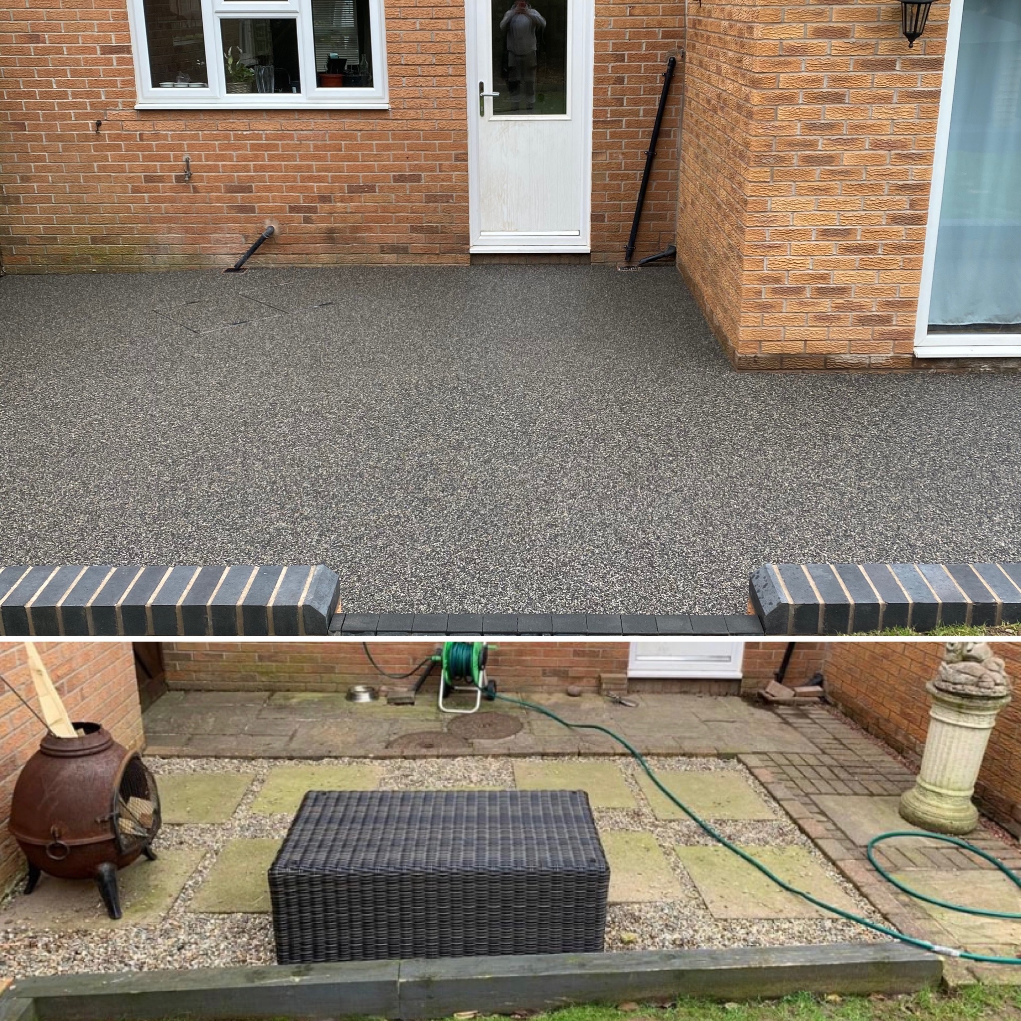Resin patio transformation in Warrington with new brick walls